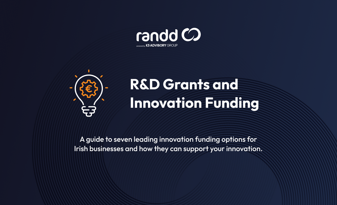 Branded hero image for a guide to R&D grants and innovation funding, with a lightbulb and gear icon on a dark navy background.